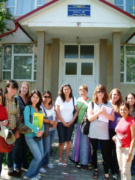 Nursing students outside of a building in romania